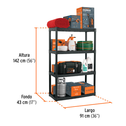 Estante plástico uso rudo 4 rep/cap. 70 Kg, 142x43x91,TRUPER | EST-4 | 102887