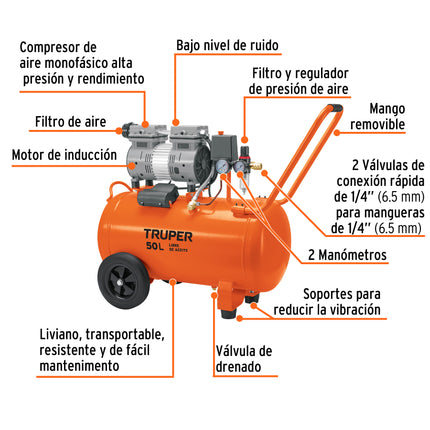 Compresor de aire, silencioso libre de aceite, 50 L, 2 HP (COMP-50Q)