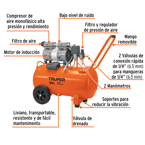 Compresor de aire, silencioso libre de aceite, 50 L, 2 HP | COMP-50Q | 102959