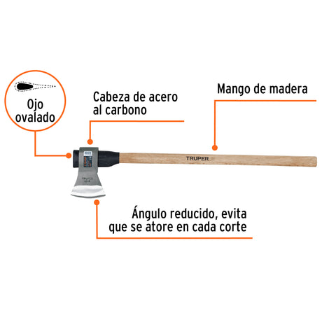 Hacha labor entera 3 lb, mango de madera 36', TRUPER | LE-3MM | 102969