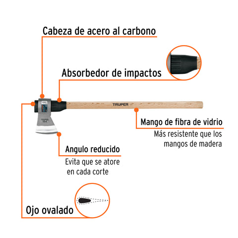 Hacha media labor 3 lb, mango de madera 36', TRUPER | ML-3MM | 102982