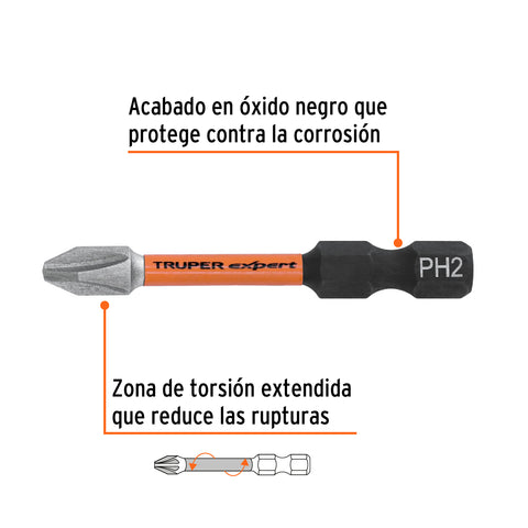 Estuche con 50 puntas de cruz PH2 de impacto largo 2' | PUDE-1202-50I | 103025