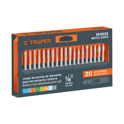 Kit de puntas diamantadas p/hta. rotativa, 20 pzs, TRUPER | MOTO-20PD | 103032