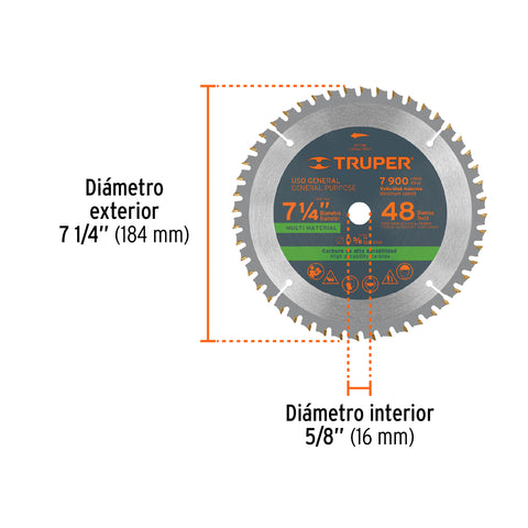 Disco sierra 7-1/4' multimaterial, 60 dientes centro 5/8' | ST-760MM | 103035