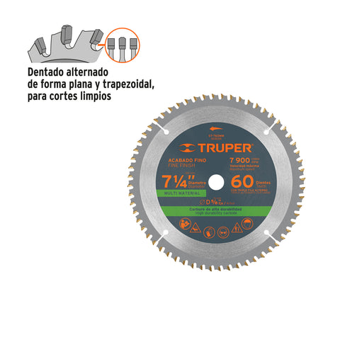 Disco sierra 7-1/4' multimaterial, 60 dientes centro 5/8' | ST-760MM | 103035