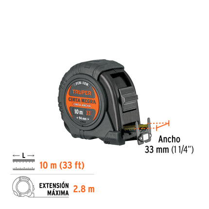 Flexómetro contra impactos 10 m, Cinta Negra 32 mm, Truper | FCN-10M | 103057