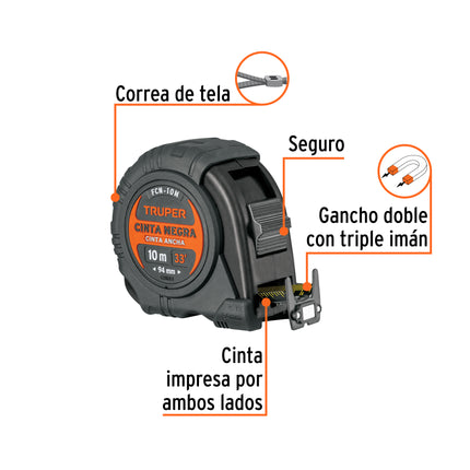 Flexómetro contra impactos 10 m, Cinta Negra 32 mm, Truper | FCN-10M | 103057