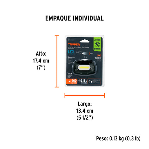 Linterna de minero LED 460 lm con sensor, recargable, TRUPER | LI-CA-460R | 103086