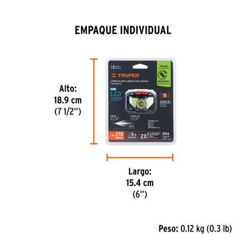Linterna de minero LED 270 lm con sensor recargable, TRUPER | LI-CA-270R | 103087