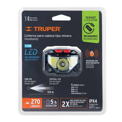Linterna de minero LED 270 lm con sensor recargable, TRUPER | LI-CA-270R | 103087