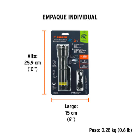Linterna LED recargable c/luz de emergencia, 410 lm, Truper | LINAR-410 | 103088