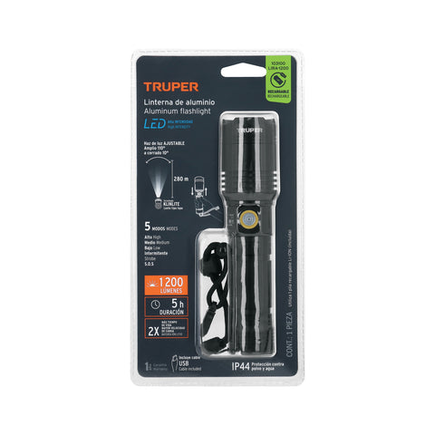 Linterna LED recargable, de aluminio, 1,200 lm, TRUPER | LIRA-1200 | 103100
