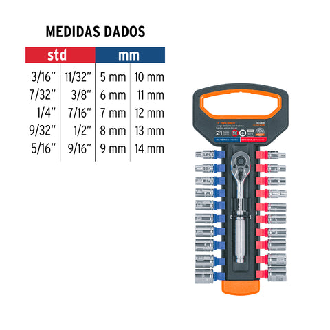 Juego de dados mm y std con matraca, cuadro 1/4', Truper | JD-1/4X21MP | 103108