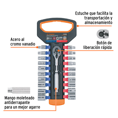 Juego de dados mm y std con matraca, cuadro 1/4', Truper | JD-1/4X21MP | 103108