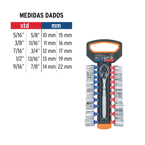 Juego de dados mm y std con matraca, cuadro 3/8', Truper | JD-3/8X21MP | 103109