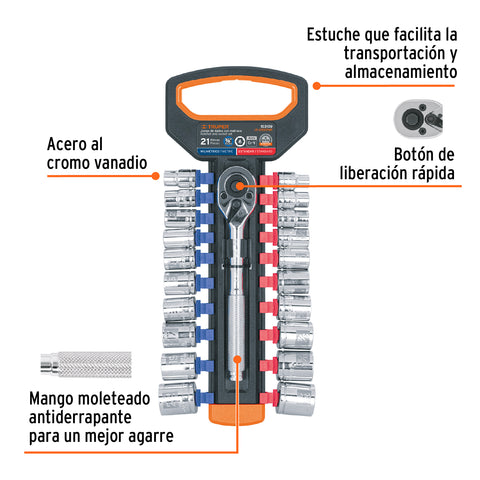 Juego de dados mm y std con matraca, cuadro 3/8', Truper | JD-3/8X21MP | 103109