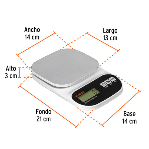 Báscula digital para cocina, plato de acero inox,5kg, Truper | BASE-5EA | 103116
