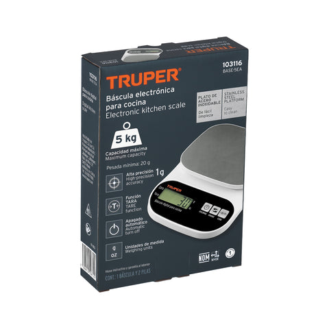 Báscula digital para cocina, plato de acero inox,5kg, Truper | BASE-5EA | 103116