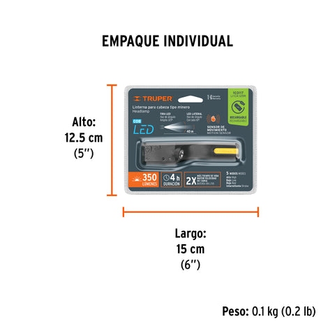 Linterna de minero LED 350 lm con sensor, recargable, TRUPER | LI-CA-125R | 103117