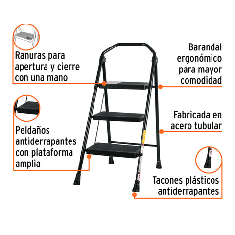 Escalera tubular, plegable, 3 peldaños, Truper | ESTU-3 | 103143