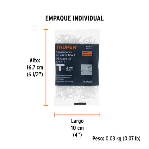 Bolsa con 200 separadores 'T' de 2 mm de losetas, TRUPER | SELO-20T | 103202