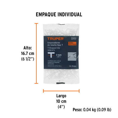 Bolsa con 150 separadores 'T' de 3 mm de losetas, TRUPER | SELO-30T | 103203