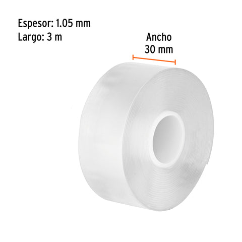 Cinta nano doble cara reutilizable, transparente 3 m x 30 mm | CDR-330 | 103222