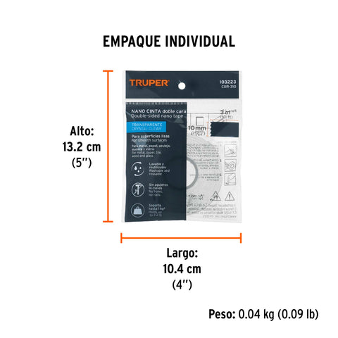 Cinta nano doble cara reutilizable, transparente 3 m x 10 mm | CDR-310 | 103223