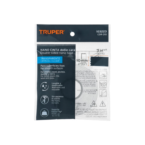 Cinta nano doble cara reutilizable, transparente 3 m x 10 mm | CDR-310 | 103223