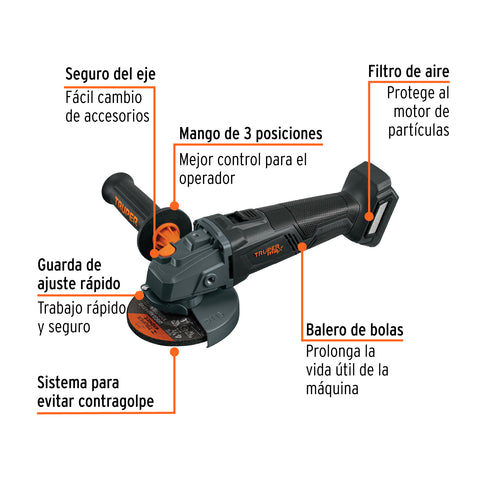 Esmeriladora 4-1/2', 20V, s/accesorios, TRUPER MAX | MAX-20ES | 103233