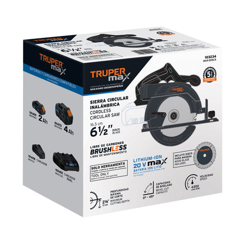 Sierra circular 6-1/2', 20V, s/accesorios, TRUPER MAX | MAX-20SCS | 103234