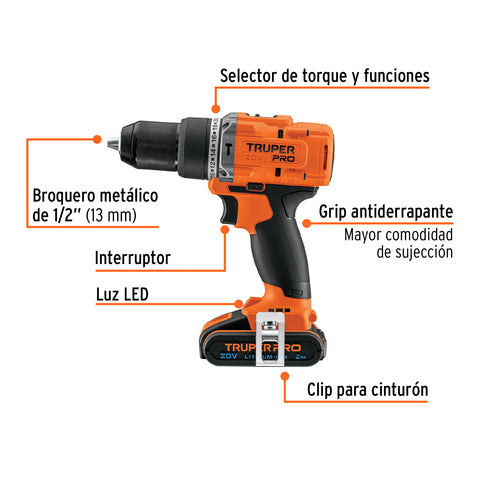 Rotomartillo 1/2', 20V, 2 baterías 2Ah, TRUPER PRO | ROTI-20A3 | 103246