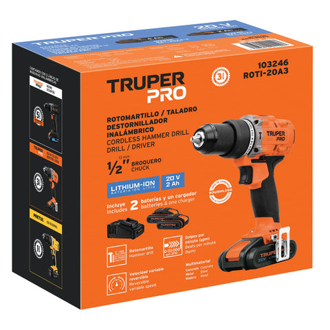 Rotomartillo 1/2', 20V, 2 baterías 2Ah, TRUPER PRO | ROTI-20A3 | 103246