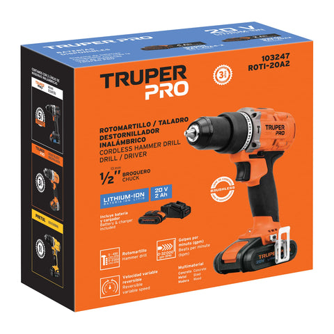 Rotomartillo 1/2', 20V, 1 batería 2Ah, TRUPER PRO | ROTI-20A2 | 103247