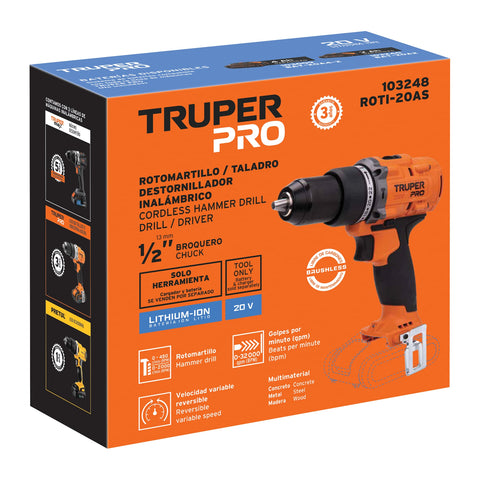 Rotomartillo 1/2', 20V, sin accesorios, TRUPER PRO | ROTI-20AS | 103248