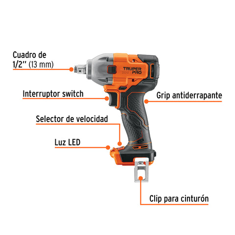 Llave de impacto 1/2', 20V, 184 lb/ft, sin accesorios, PRO | LIMI-20AS | 103252