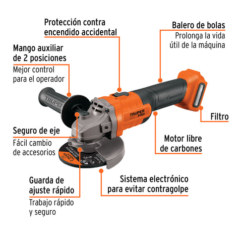 Esmeriladora 4-1/2', 20V, sin accesorios, TRUPER PRO | ESMI-20AS | 103255