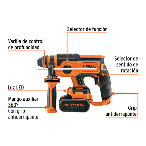 Rotomartillo SDS Plus 20V, 2 J, 1 batería 4Ah, TRUPER PRO | ROEI-20A | 103263