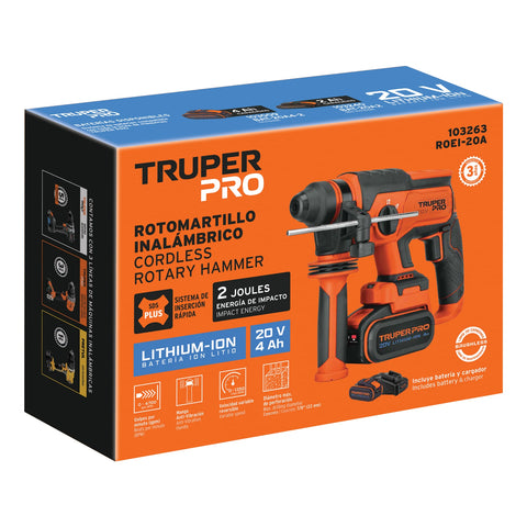 Rotomartillo SDS Plus 20V, 2 J, 1 batería 4Ah, TRUPER PRO | ROEI-20A | 103263