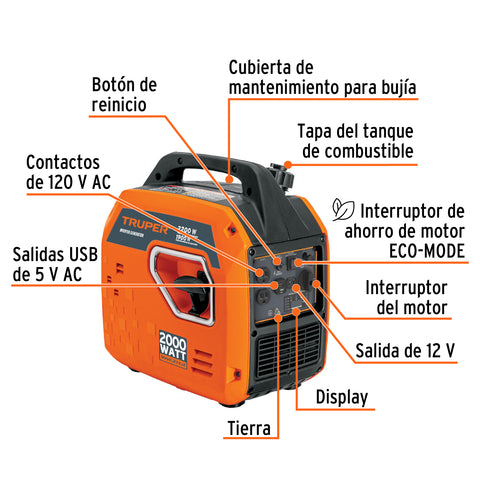 Generador silencioso inverter 2.2kW, 80 cc, encendido manual | GEN-200 | 103278