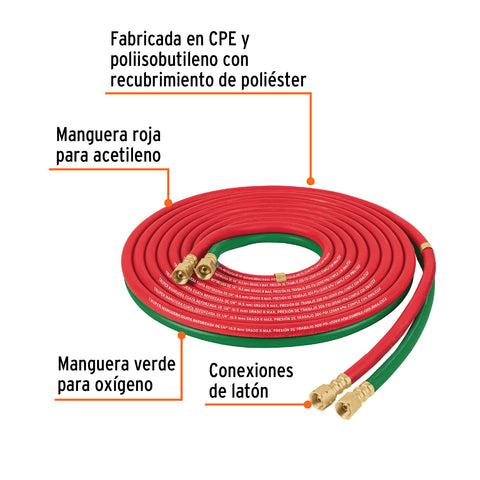 Manguera cuata reforzada de 6 m para oxiacetileno, TRUPER | M-CORSOL-T | 103297