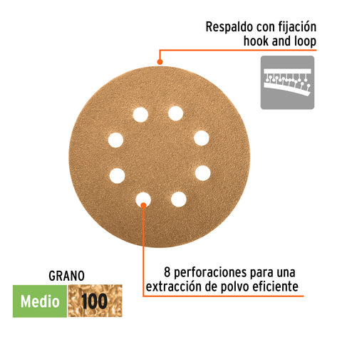Paquete c/5 discos de lija 5' grano 100, 8 perforaciones | DIRO-510 | 103312