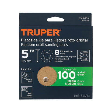 Paquete c/5 discos de lija 5' grano 100, 8 perforaciones | DIRO-510 | 103312