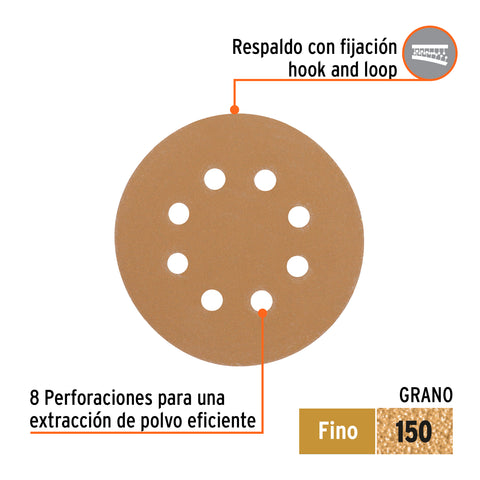 Paquete c/5 discos de lija 5' grano 150, 8 perforaciones | DIRO-515 | 103313