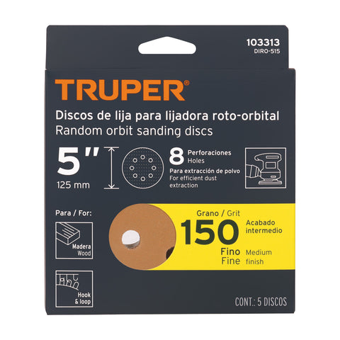 Paquete c/5 discos de lija 5' grano 150, 8 perforaciones | DIRO-515 | 103313