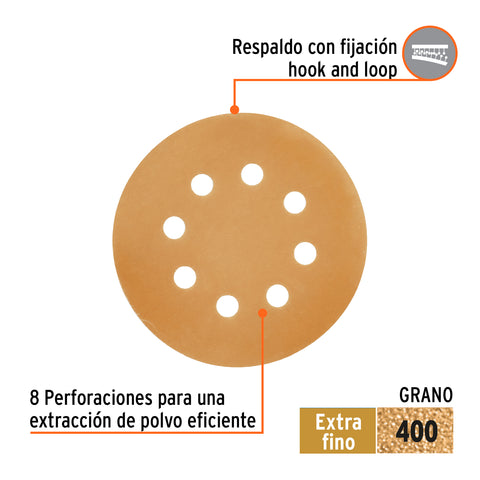 Paquete c/5 discos de lija 5' grano 400, 8 perforaciones | DIRO-540 | 103315