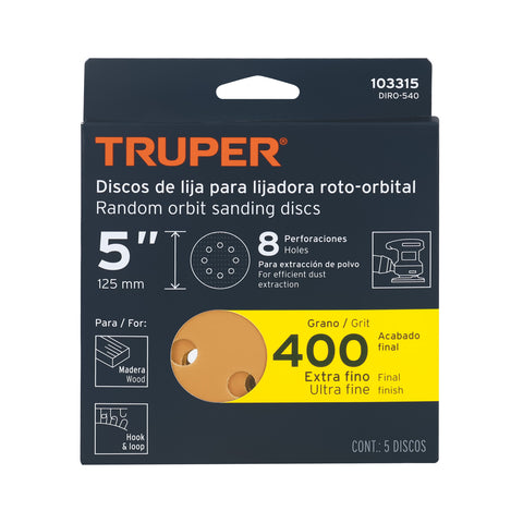 Paquete c/5 discos de lija 5' grano 400, 8 perforaciones | DIRO-540 | 103315