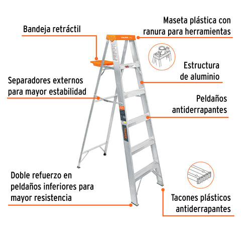 Escalera de tijera tipo ll 5 peldaños y bandeja, Truper | EST-25 | 10335