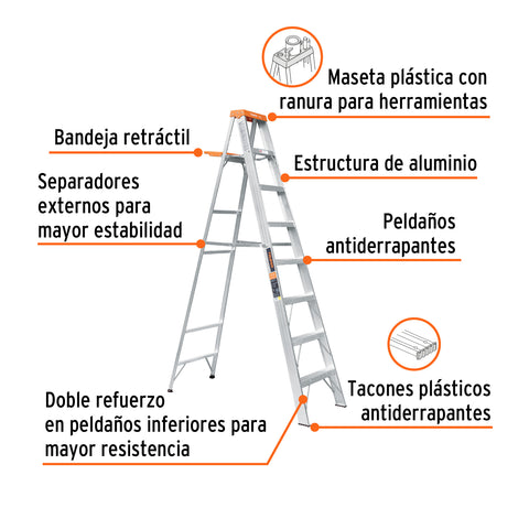 Escalera de tijera tipo II 7 peldaños y bandeja, Truper | EST-27 | 10337
