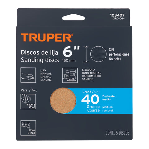 Paquete c/5 discos de lija 6' grano 40, ciegos | DIRO-064 | 103407